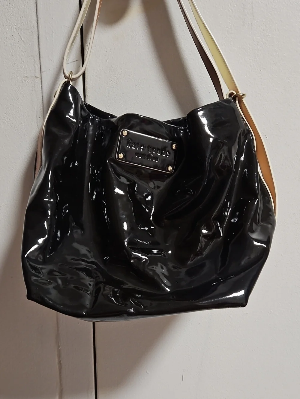 kate spade Black Patent Shoulder Bag with Light Tan Straps